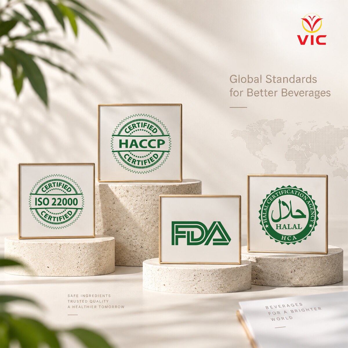 Chứng nhận chất lượng đồ uống VIC: ISO 22000, HACCP, FDA và HALAL cho xuất khẩu